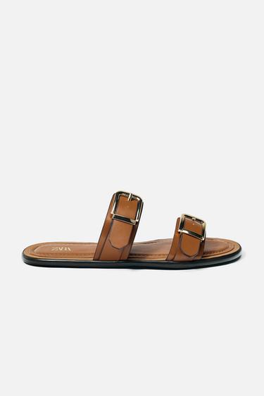 Zara FLAT DOUBLE STRAP BUCKLE SANDALS - Brown