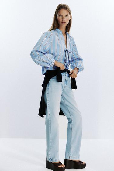STRIPED POPLIN SHIRT WITH TIES - Sand / Blue by Zara - Image 2