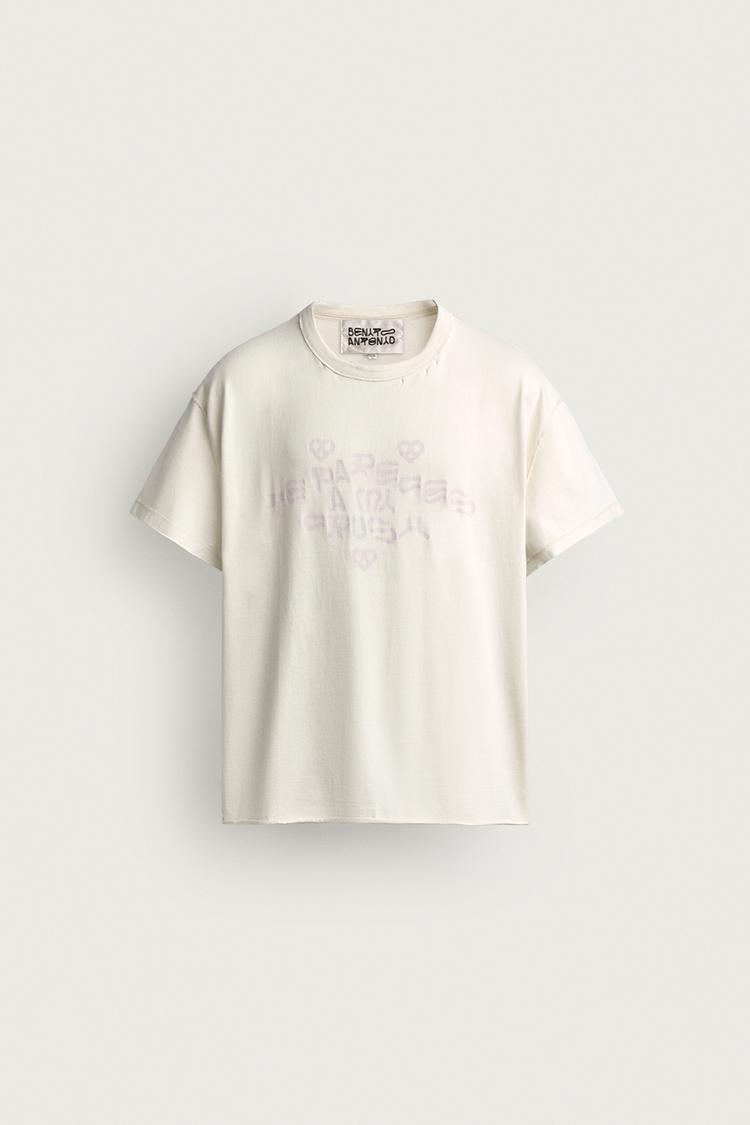 FADED REVERSE-EFFECT CRUSH SLOGAN T-SHIRT