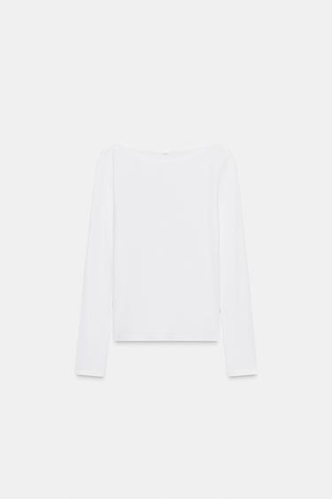 T-SHIRT COL BATEAU EN COTON - Blanc de Zara