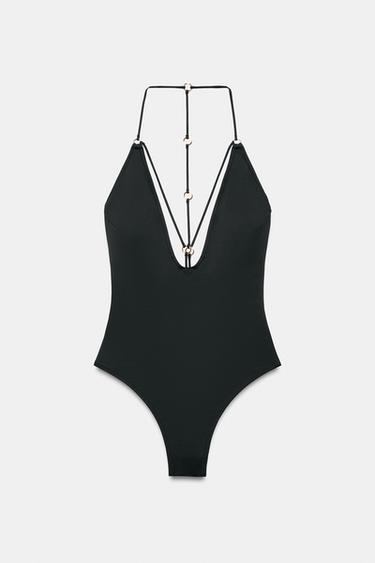 SWIMSUIT WITH EYELET STRAPS - Black by Zara