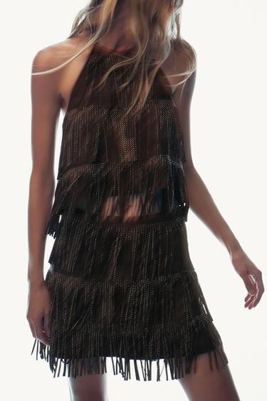 JUPE À FRANGES EFFET DAIM BRILLANT - Marron de Zara - Image 1