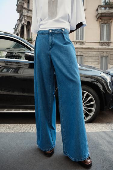 JEANS Z1975 PERNAS LARGAS CINTURA MÉDIA PLISSADOS - Azul-médio da Zara