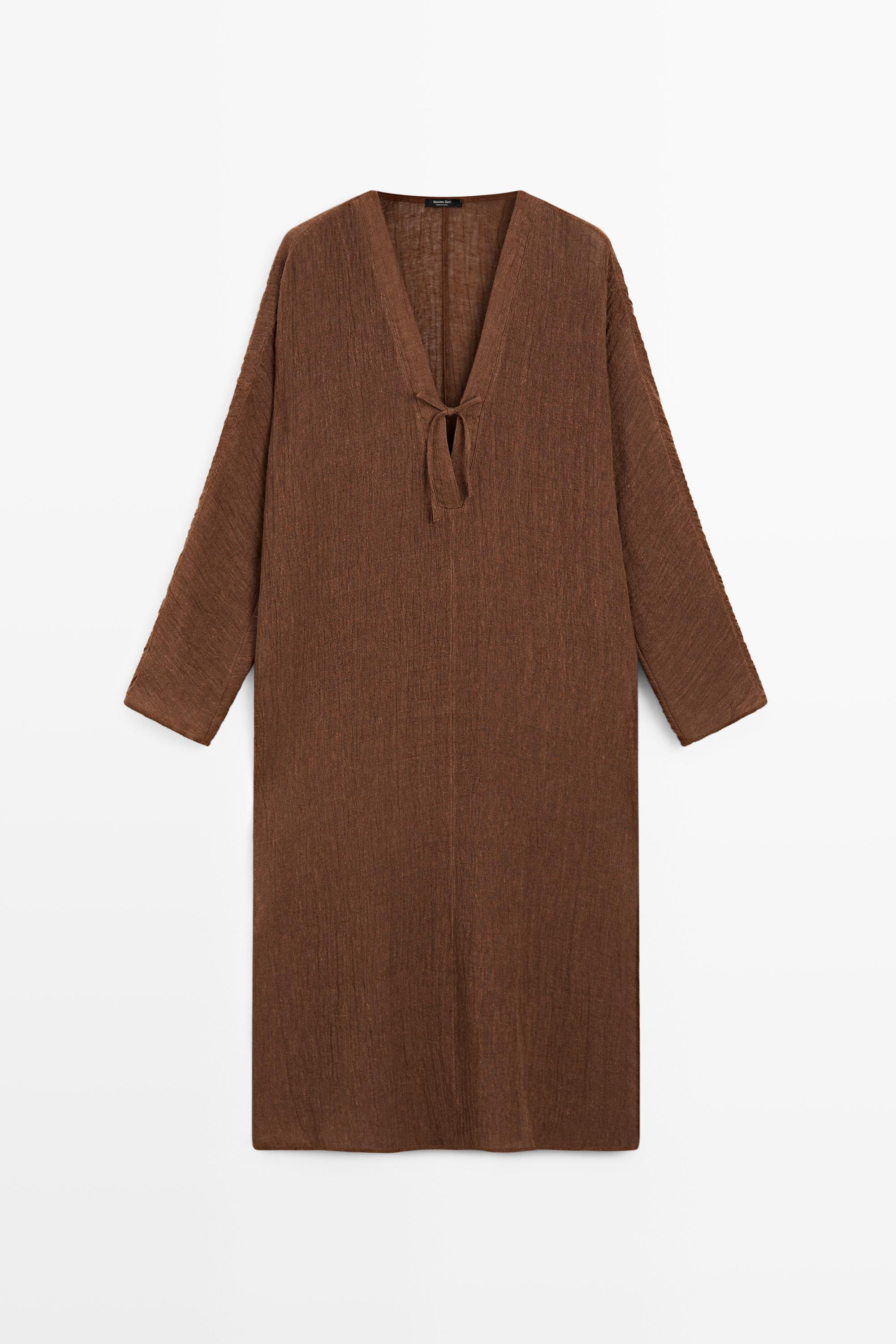 Linen blend kaftan dress with tied neckline — taupe brown