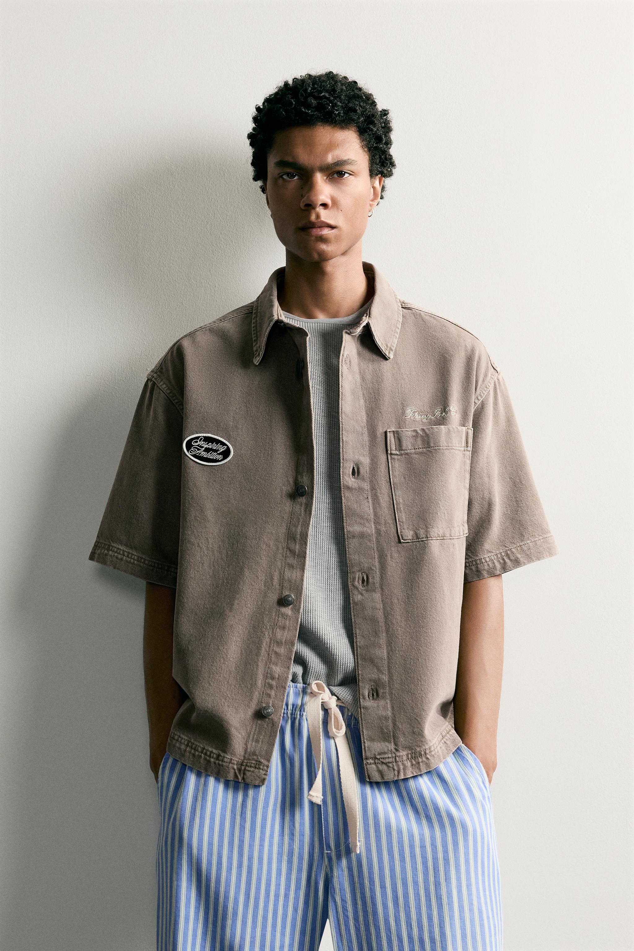 EMBROIDERED PATCH BOXY FIT OVERSHIRT — Brown / Taupe
