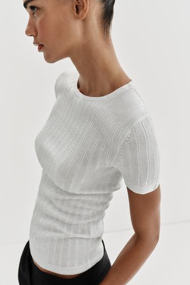 Zara METALLIC THREAD RIB KNIT TOP - Silver