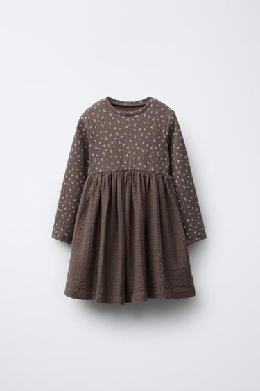 KLEID MIT MATERIALKOMBINATION, RIPPENMUSTER UND BLUMEN - Braun von Zara