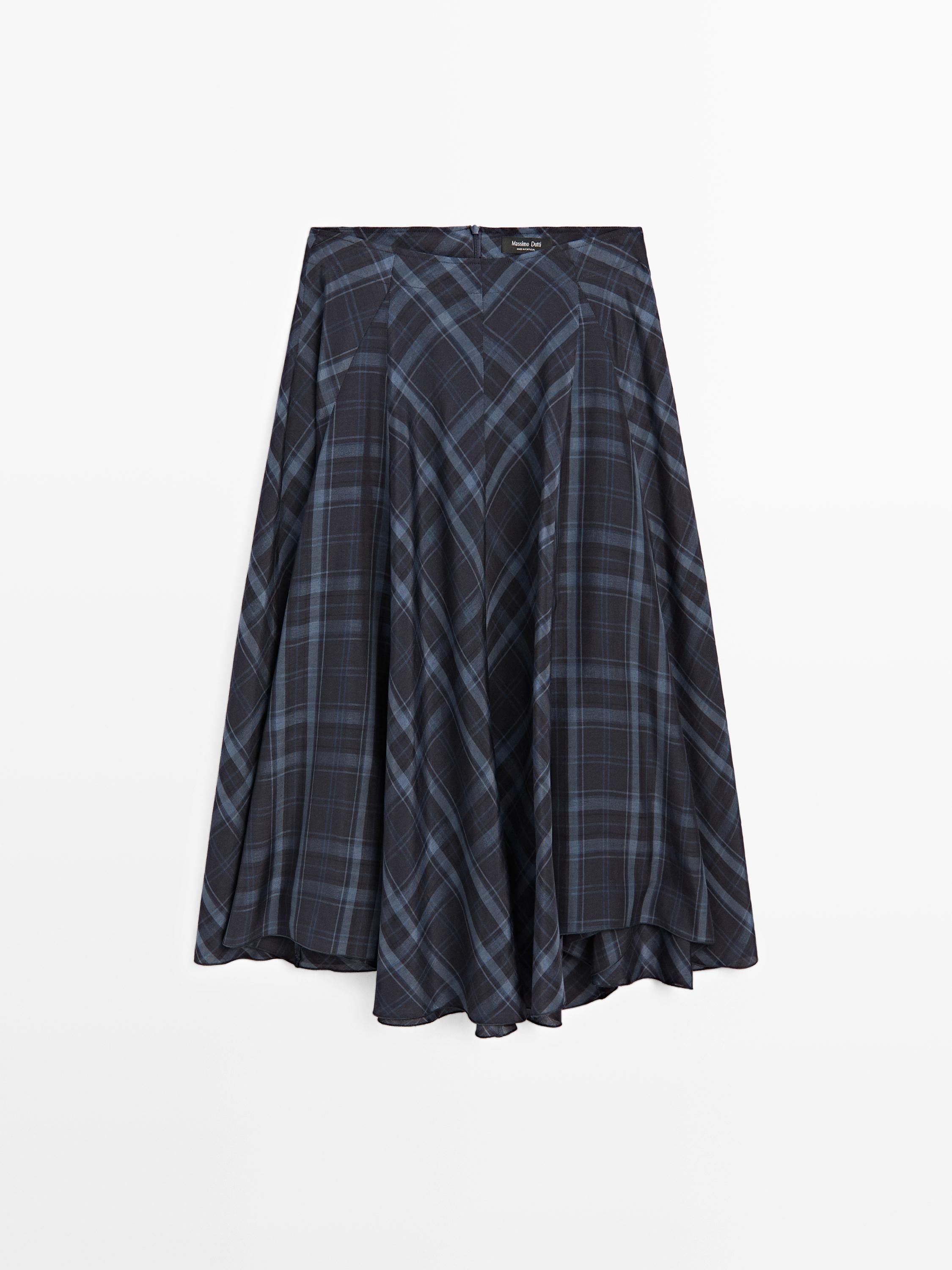 Check print flowing godet skirt — Blue