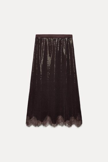 FALDA MIDI LENTEJUELAS ENCAJE - Chocolate de Zara