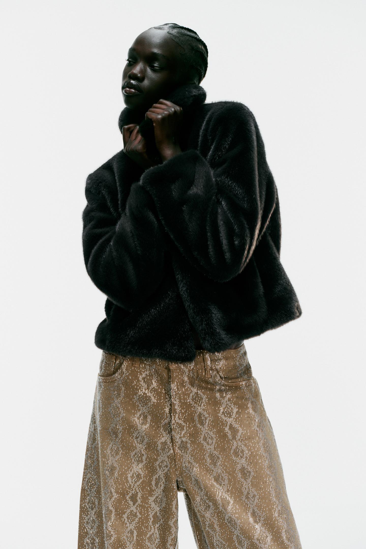 Женские джинсы Zara Mid-Rise Animal Print Sparkle Baggy Trf, цвет: Светлый хаки — фото 4