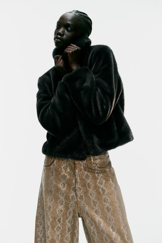 JEANS BAGGY FIT TAILLE MI-HAUTE À IMPRIMÉ ANIMAL ET BRILLANTS TRF - Kaki clair de Zara - Image 3
