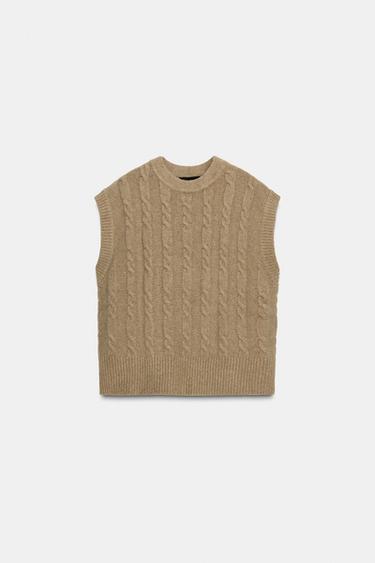 Zara CABLE KNIT VEST JUMPER - Light camel