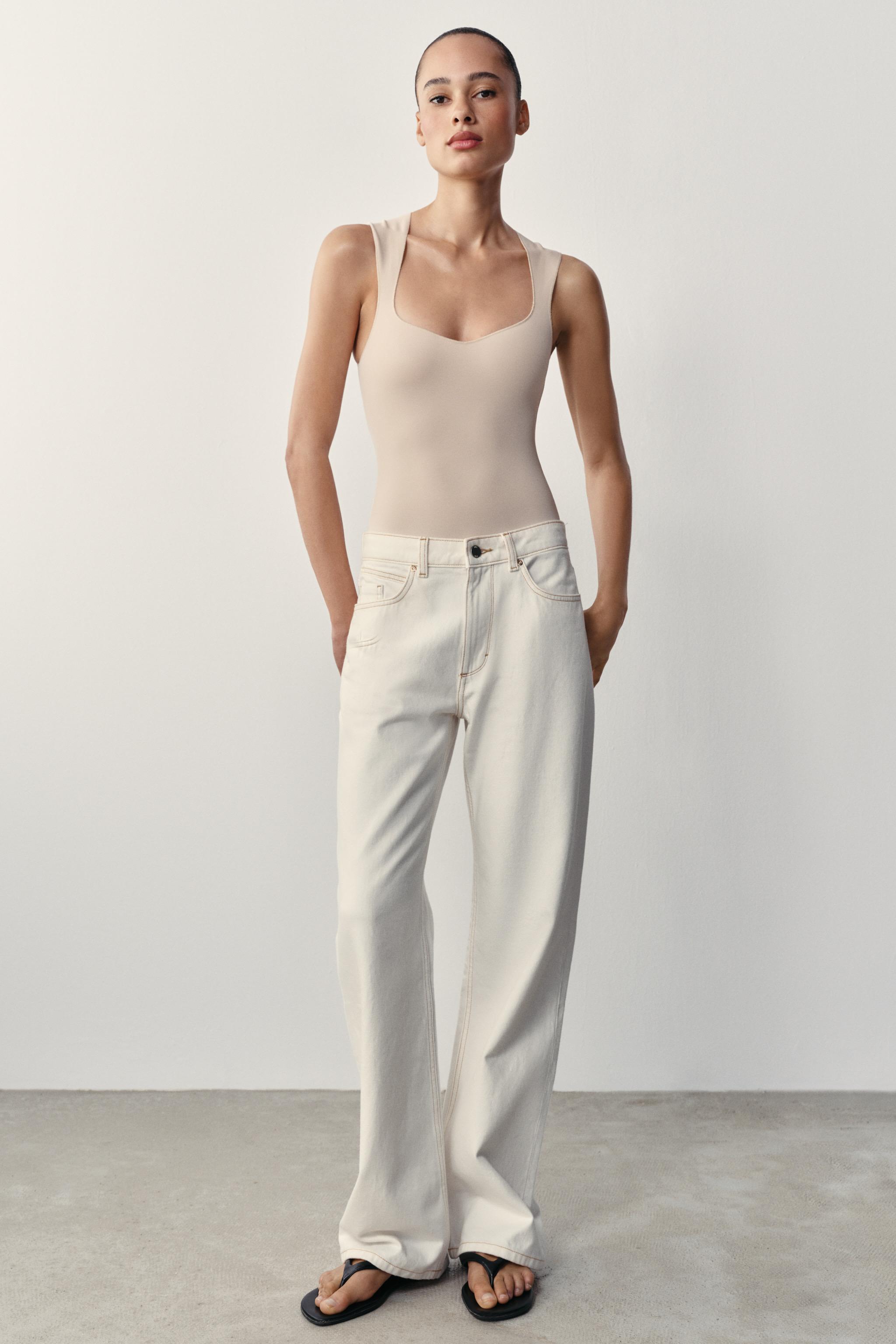 STRETCH SQUARE NECK BODYSUIT — Ecru