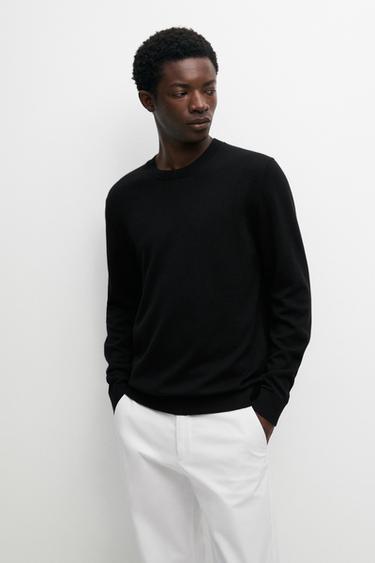 Zara Knit cotton and wool sweater with crew neck - Black