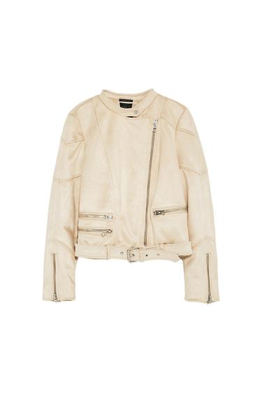 Beige biker jacket with asymmetric zip, zipped pockets, belt and ZARA trf label on a white background.