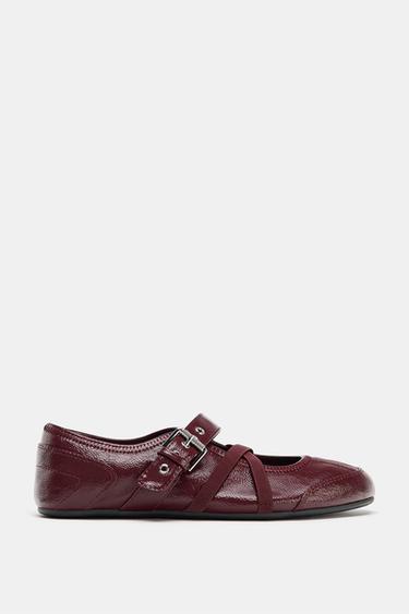 PATENT EFFECT BALLERINA SHOES WITH BUCKLES - Burgundy Red by Zara - Image 0