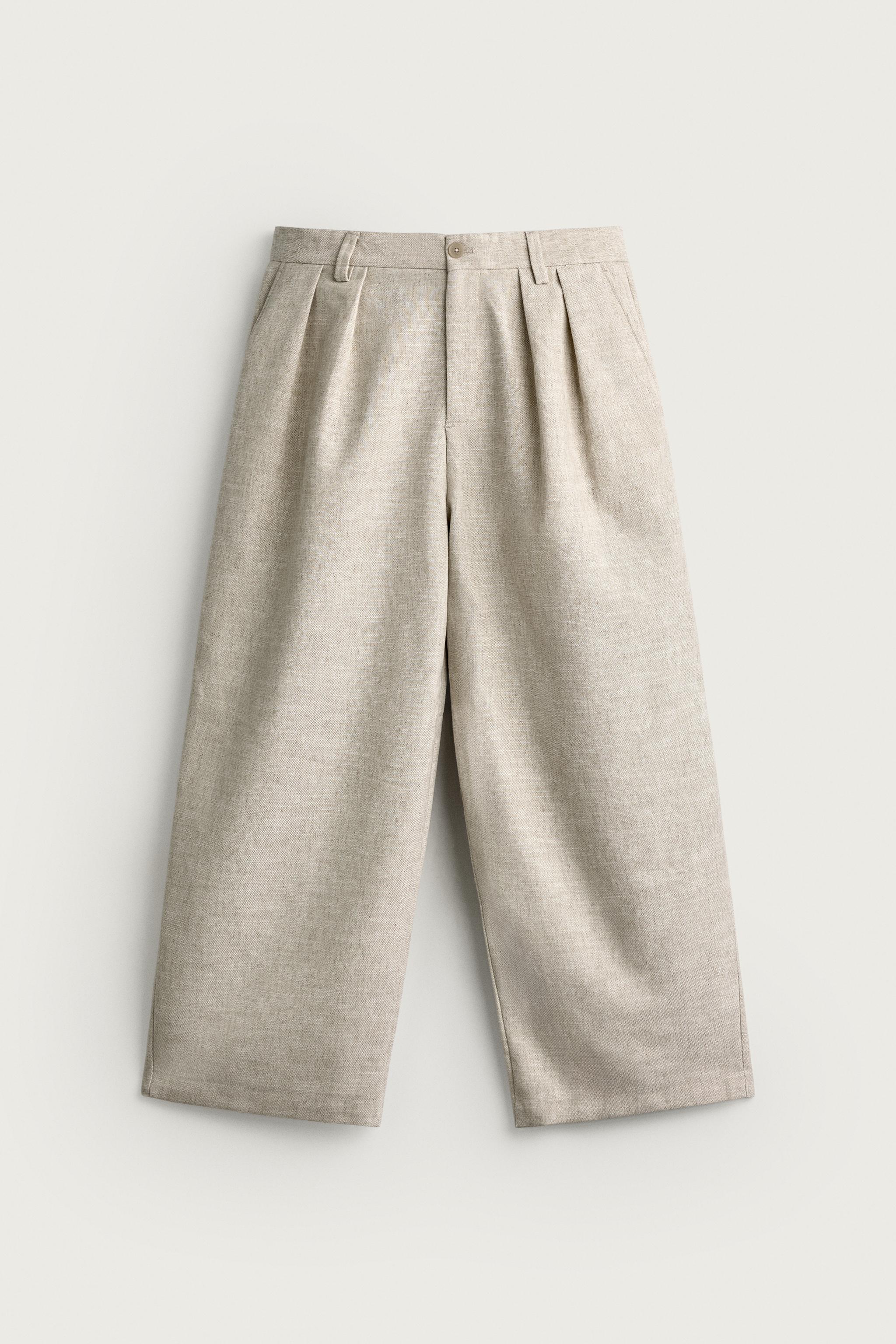 RELAXED FIT STRUCTURED PLEATED PANTS — Light beige