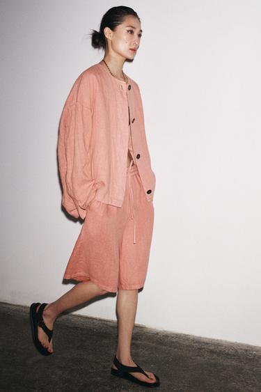 Zara 100% LINEN BOMBER JACKET ZW COLLECTION - Pink
