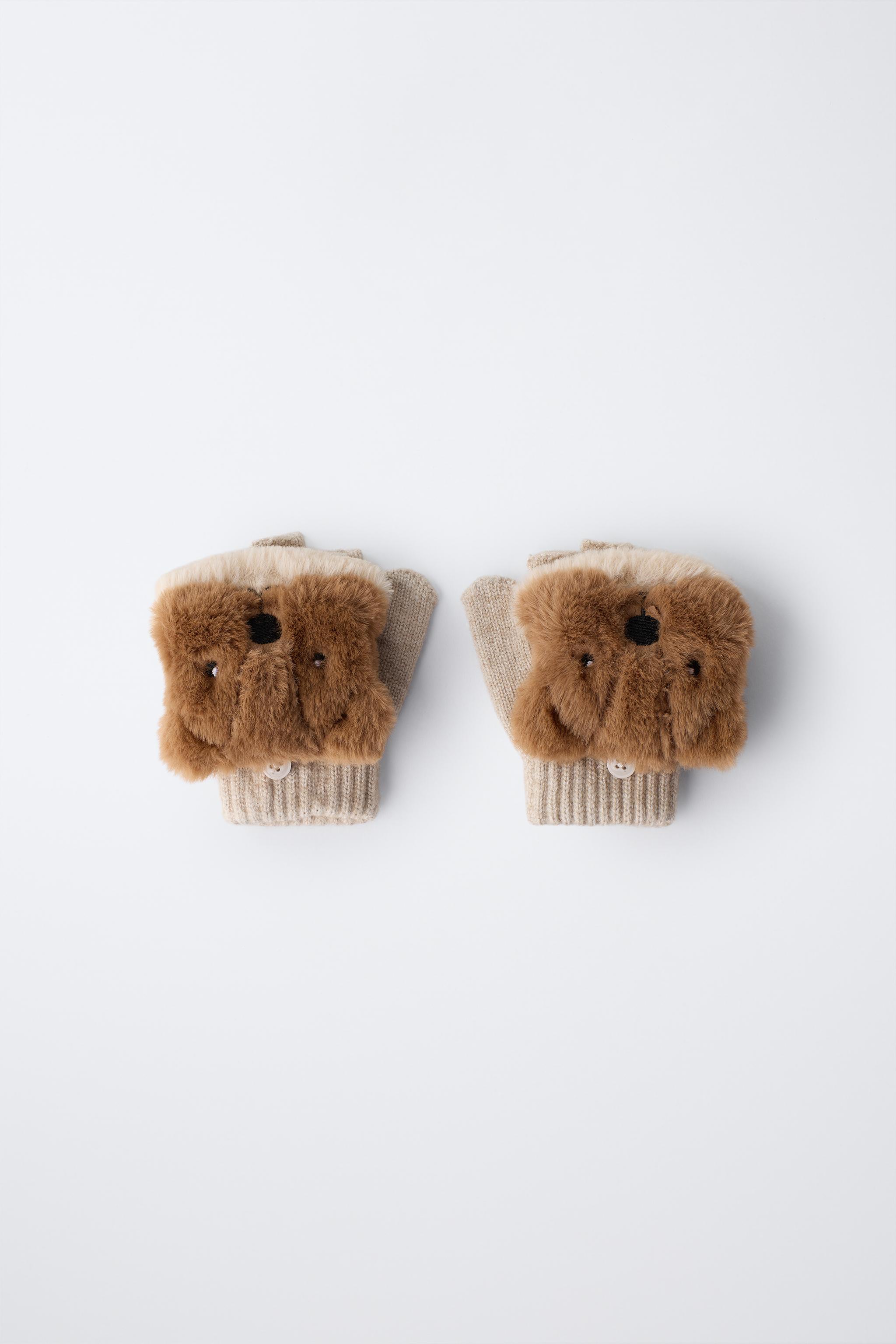 BEAVER FUR EFFECT MITTEN GLOVES