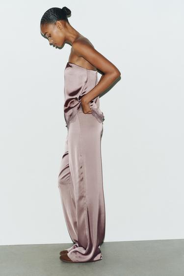 Zara HIGH-WAISTED SATIN PANTS - Brown / Taupe