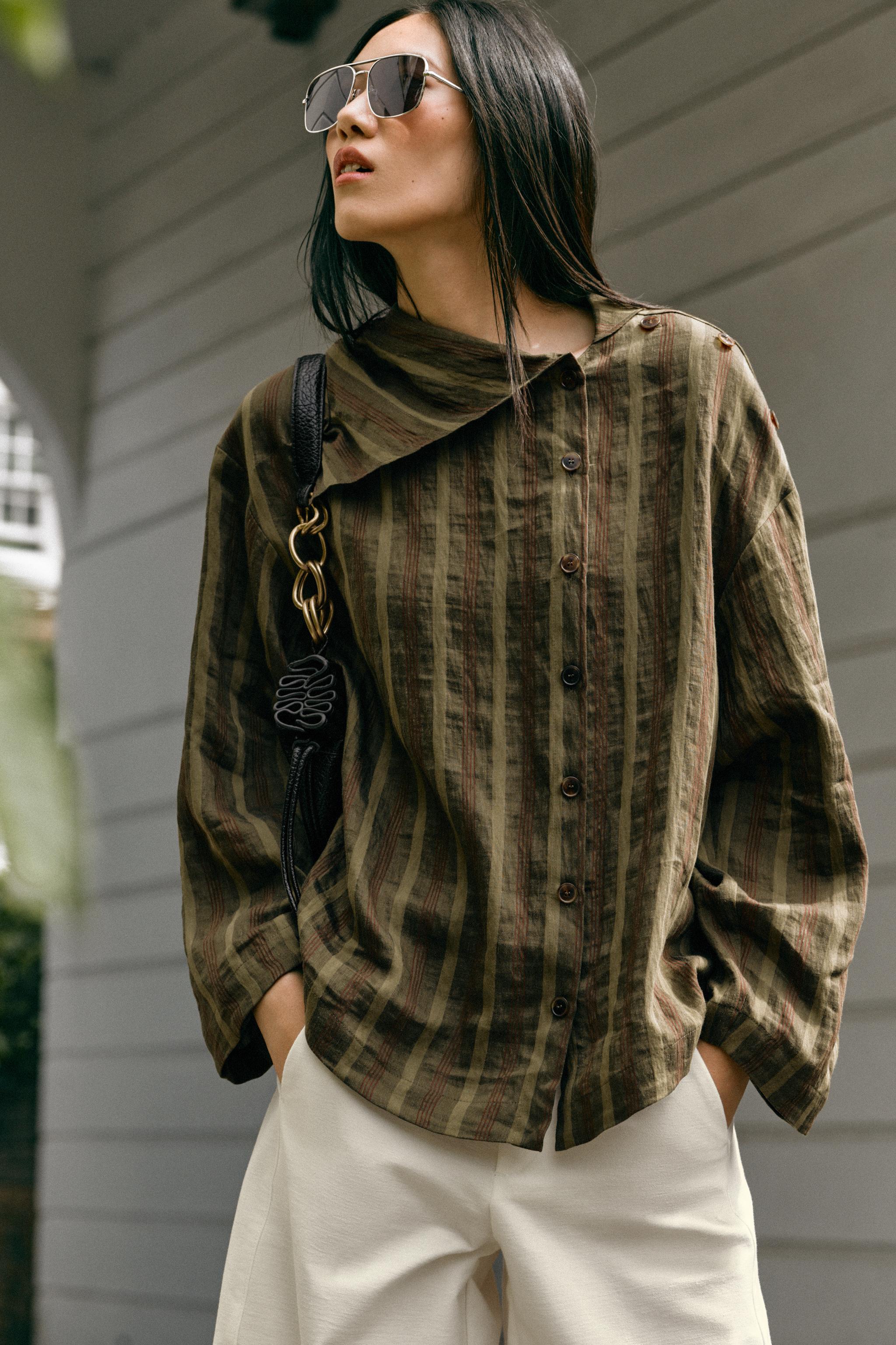 STRIPED WRAP SHIRT — Khaki