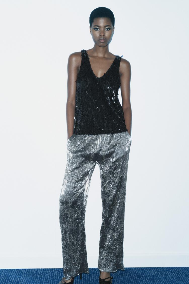 ZW COLLECTION スパンコール付きストラップトップス - ブラック | ZARA 
