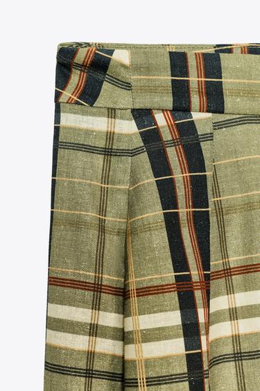 CHECKERED LINEN BLEND TROUSERS ZW COLLECTION - Green by Zara - Image 3