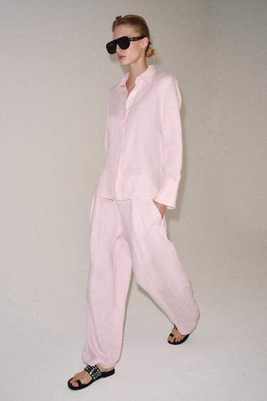 Zara ZW COLLECTION 100% LINEN PLEATED PANTS - Pink