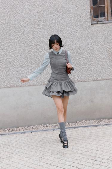 CHECKED RUFFLED SHORT JUMPSUIT DRESS - Grey / Blue by Zara