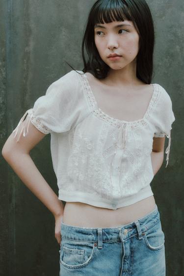 EMBROIDERED CHIFFON CROP TOP - Light blue by Zara
