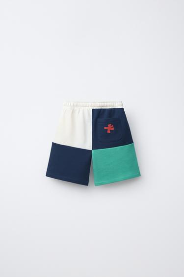 COLOUR BLOCK LOGO PLUSH BERMUDA SHORTS - Blue / Green by Zara - Image 1