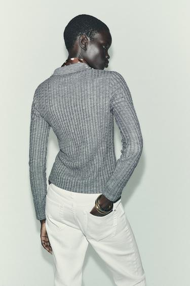 VESTE EN MAILLE COURTE COL BIJOU - Gris chiné de Zara - Image 4