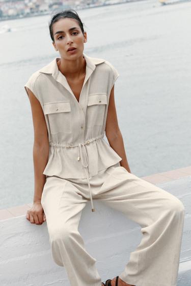 LINEN BLEND TWO-PIECE EFFECT JUMPSUIT - Light beige by Zara