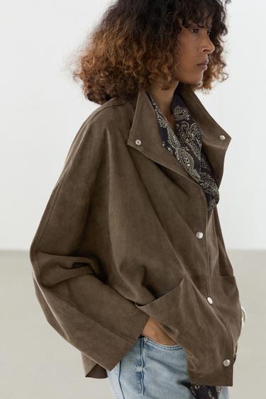 Zara Suede leather high neck jacket - Khaki