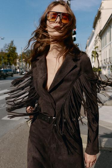 FRINGED FAUX SUEDE JACKET - Chocolate brown by Zara - Image 1