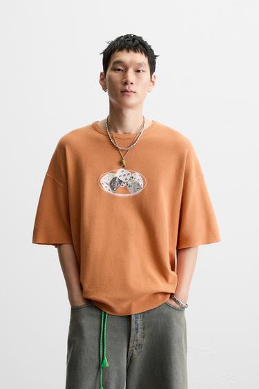 Zara WASHED KNIT PRINTED T-SHIRT - Orange