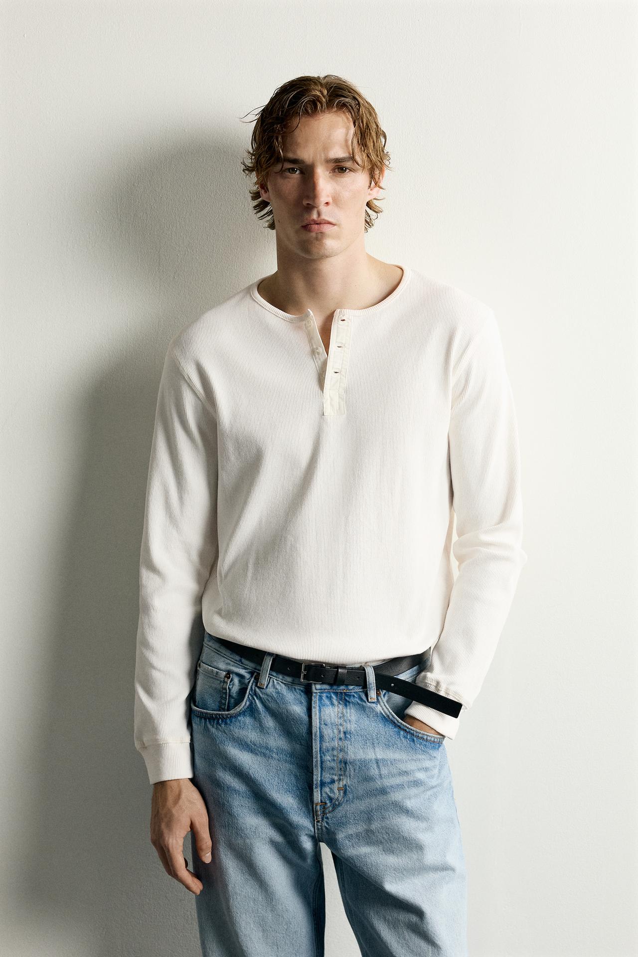 LONG SLEEVE HENLEY T-SHIRT — Oyster-white