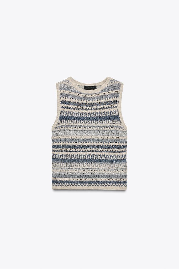 STRIPED TEXTURED KNIT SLEEVELESS TOP Sand Blue ZARA United