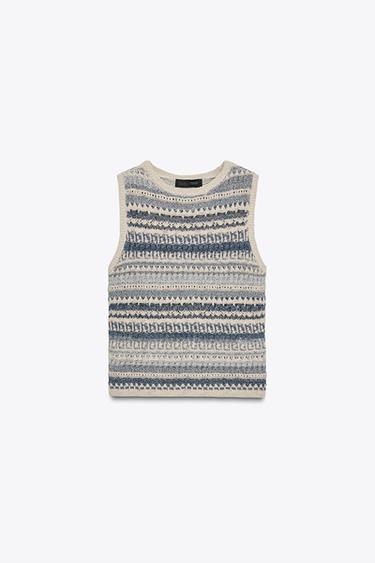STRIPED TEXTURED KNIT SLEEVELESS TOP - Sand / Blue by Zara - Image 0