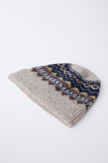 JACQUARD KNIT BEANIE - Grey / Blue by Zara - Image 1
