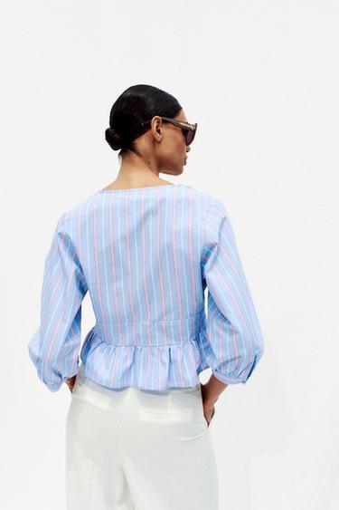 CHEMISE À RAYURES ET LACETS - Bleu / Blanc de Zara - Image 4