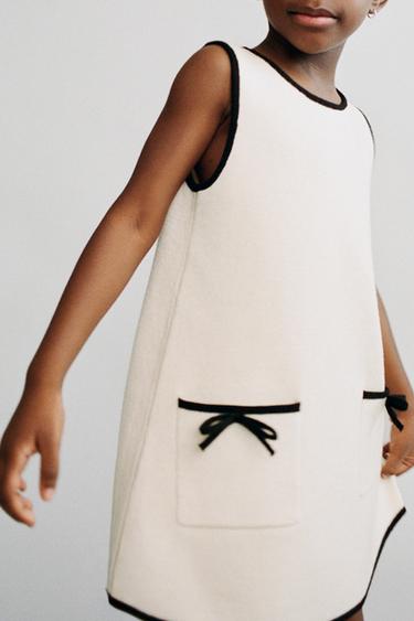 Zara CONTRAST BOW KNIT DRESS - Ecru / Black
