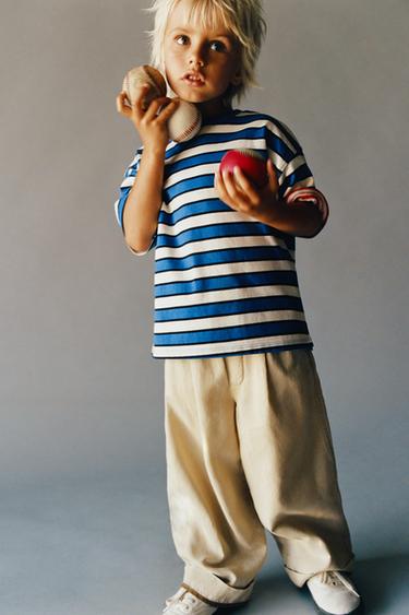 STRIPED T-SHIRT - Ecru / Blue by Zara