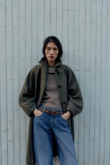 WOOL COAT WITH PUFF SLEEVES AND CONTRAST COLLAR - Zara-ს Khaki
