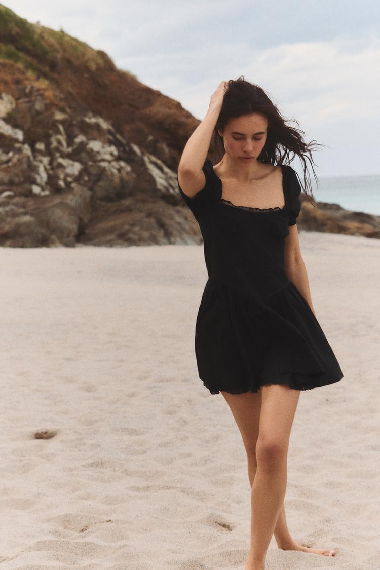 VESTIDO CORTO POPELÍN ENCAJE Negro ZARA Chile