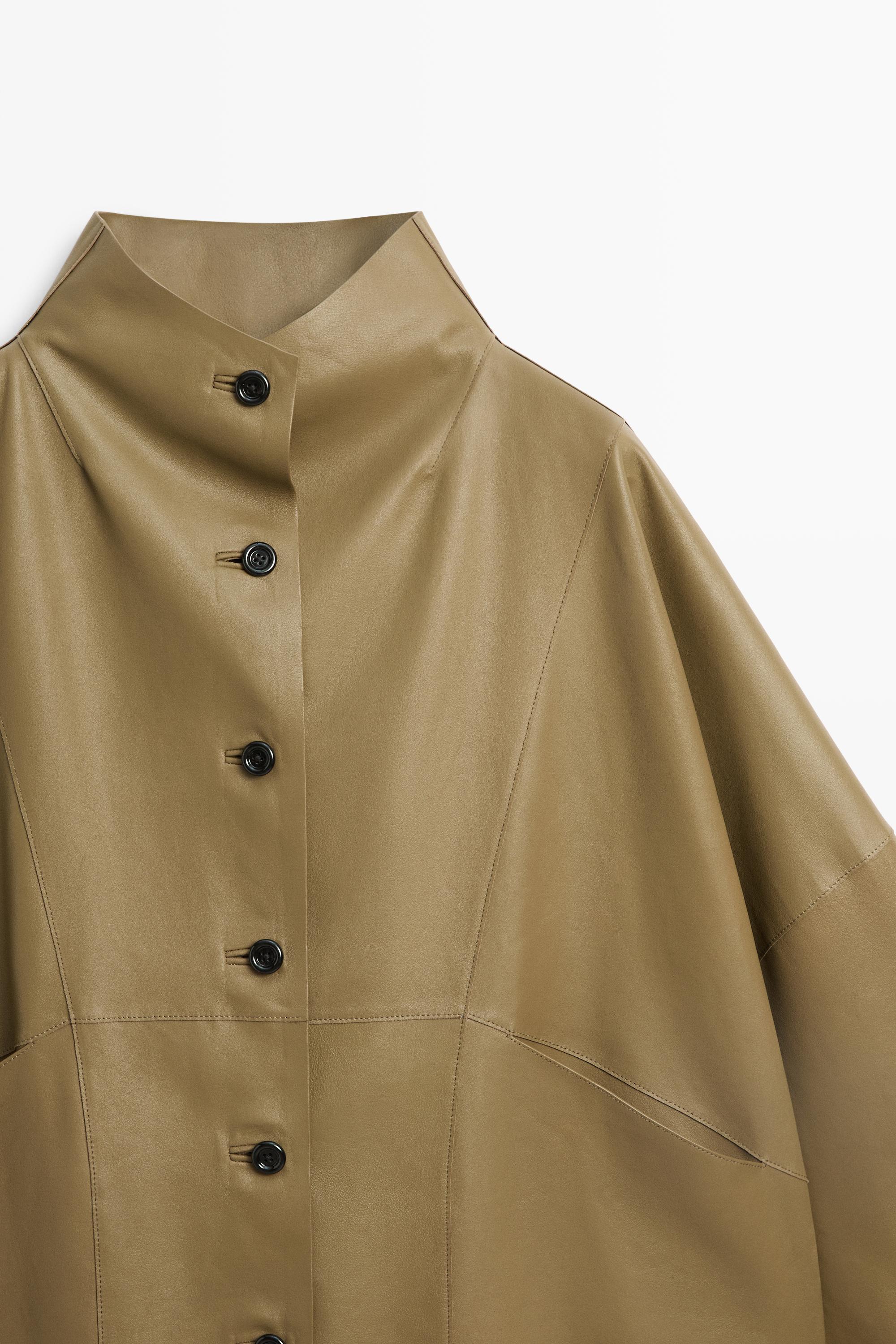 Stand collar nappa leather cropped jacket