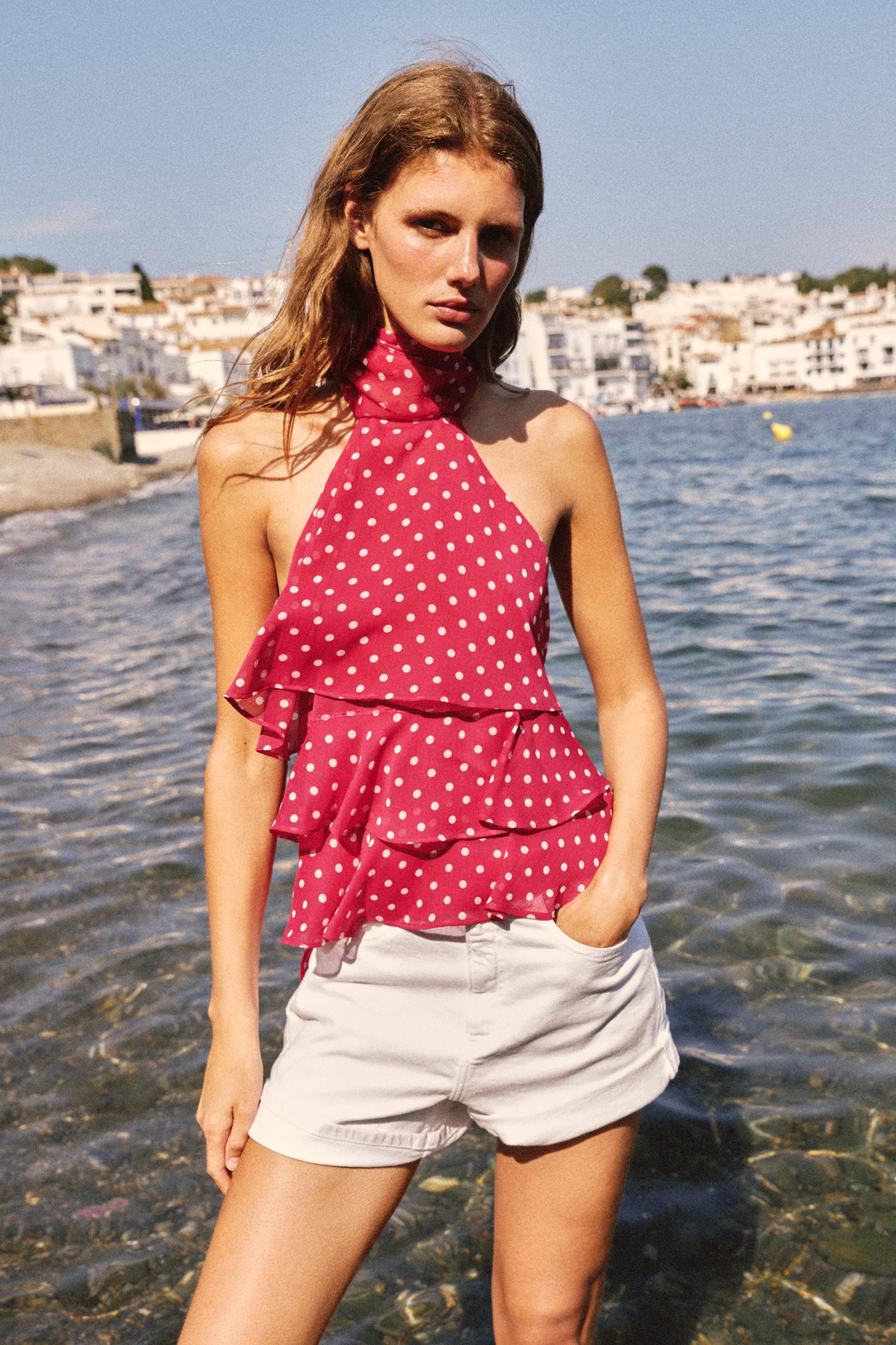 RUFFLED POLKA DOT HALTER TOP — 107