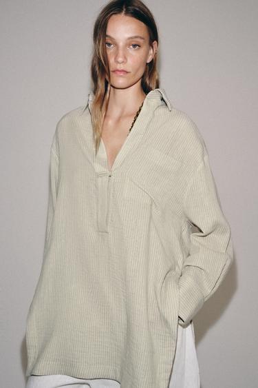 ZW COLLECTION ASYMMETRIC STRIPED SHIRT - Green by Zara