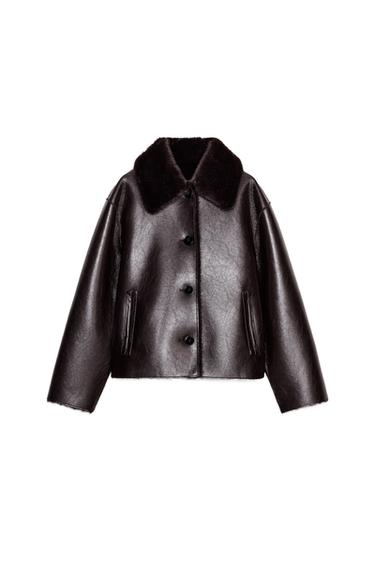 Front view of a brown jacket with a shirt collar, long sleeves, double-welt front pockets, and a front button fastening.