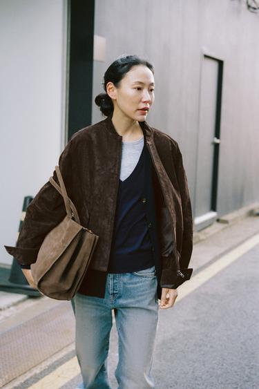100% SUEDE LEATHER BOMBER JACKET - Chocolate brown by Zara